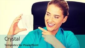  Presentation with dentist - Audience pleasing theme consisting of dental implantology - female dentist holding tooth model backdrop and a  colored foreground