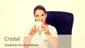  Presentation with dentist - Amazing PPT theme having dental implantology - female dentist holding tooth model backdrop and a  colored foreground