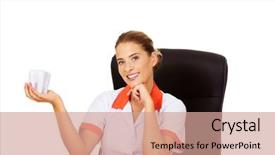  Presentation with dentist - PPT theme having dental implantology - female dentist holding tooth model background and a  colored foreground