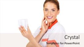  Presentation with portrait of excited overjoyed female - Audience pleasing slide set consisting of dental implantology - portrait of female dentist holding backdrop and a  colored foreground