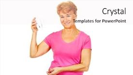  Presentation with kidney transplant holding a model - Beautiful PPT layouts featuring dental implantology - smiling senior woman holding backdrop and a  colored foreground