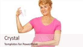  Presentation with kidney transplant holding a model - Slide set having dental implantology - smiling senior woman holding background and a  colored foreground