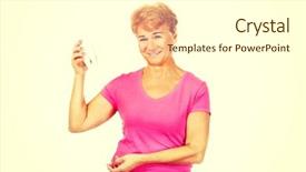  Presentation with happy smiling woman dental health - PPT theme enhanced with dental implantology - smiling senior woman holding background and a  colored foreground