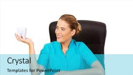  Presentation with orthodontics orthodontic model and dentist - Amazing PPT theme having dental implantology - young female dentist holding tooth backdrop and a  colored foreground