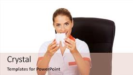  Presentation with bacteria on tooth - Amazing PPT theme having dental implantology - young female dentist holding tooth backdrop and a  colored foreground