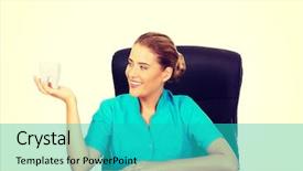  Presentation with orthodontics orthodontic model and dentist - PPT layouts having dental implantology - young female dentist holding tooth background and a  colored foreground