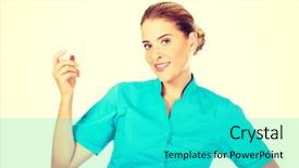  Presentation with dentist - Colorful slide set enhanced with dental implantology - young female dentist holding tooth backdrop and a  colored foreground