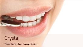  Presentation with mouth - Amazing PPT layouts having dental mirroor - healthy woman teeth backdrop and a  colored foreground