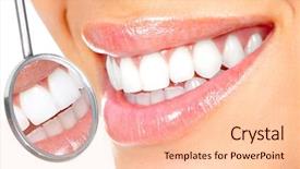  Presentation with mouth - Beautiful slide deck featuring dental mirroor - healthy woman teeth backdrop and a  colored foreground