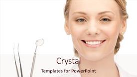  Presentation with tool belt tools - Amazing PPT theme having dental mirroor - picture of attractive female dentist backdrop and a lemonade colored foreground
