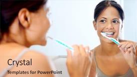  Presentation with mirror reflection - Presentation design enhanced with dental mirroor - portrait of attractive woman brushing background and a coral colored foreground