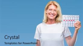  Presentation with teeth - Amazing theme having dental month - middle age blonde woman holding backdrop and a  colored foreground