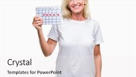  Presentation with blonde holding magnifying glass - Audience pleasing presentation theme consisting of dental month - middle age blonde woman holding backdrop and a  colored foreground