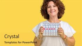  Presentation with happy smiling woman dental health - Audience pleasing presentation theme consisting of dental month - middle ager senior woman holding backdrop and a yellow colored foreground