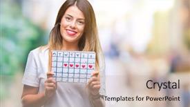  Presentation with teeth - Theme consisting of dental month - young beautiful woman holding menstruation background and a  colored foreground