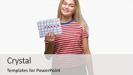  Presentation with teeth - Slide set having dental month - young caucasian woman holding menstruation background and a light gray colored foreground