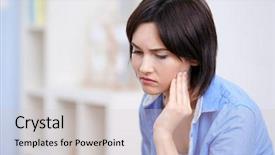  Presentation with pain - Cool new theme with dental pain - beautiful young woman suffering backdrop and a soft green colored foreground