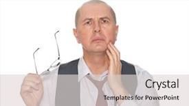  Presentation with creation of man - Presentation with dental pain killers - man portrait frown toothache isolated background and a  colored foreground