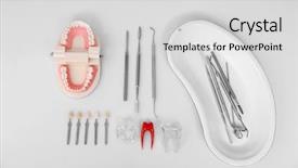  Presentation with dentist - Presentation theme enhanced with dental prosthesis - dentist tools and teeth background and a light gray colored foreground