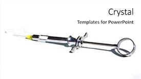  Presentation with needle - Colorful slides enhanced with medical equipment repair - hypodermic needle isolated on white backdrop and a white colored foreground