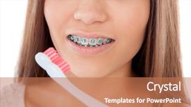  Presentation with cleaning - Presentation theme enhanced with dental retainers - attractive young woman with brackets background and a coral colored foreground