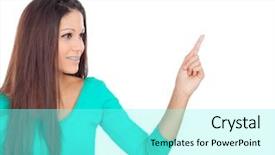  Presentation with cool - Beautiful slide deck featuring dental retainers - cool brunette girl inidicating something backdrop and a  colored foreground