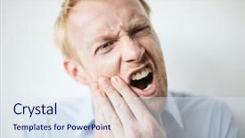  Presentation with root - Cool new slide deck with dental root - blond man having a toothache backdrop and a sky blue colored foreground