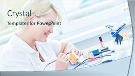  Presentation with dental prosthesis - Beautiful presentation theme featuring dental technician or prosthesis worker backdrop and a sky blue colored foreground