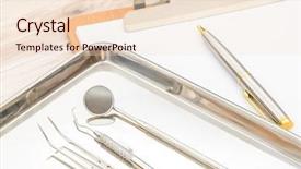  Presentation with equipment - Colorful PPT theme enhanced with paper computer records - dental tools and equipment backdrop and a lemonade colored foreground