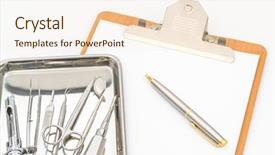  Presentation with kitchen tools and equipment - PPT layouts featuring paper computer records - dental tools and equipment background and a cream colored foreground