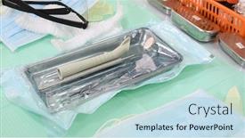  Presentation with dental office - Colorful presentation enhanced with dental-tools-on-table backdrop and a mint green colored foreground