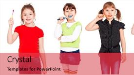  Presentation with kids tee shirt - Colorful PPT theme enhanced with dentalcollections - five kids cleaning teeth backdrop and a red colored foreground