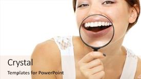  Presentation with magnifying glass - Theme with dental vision - funny woman smiling and show background and a coral colored foreground