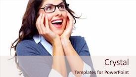  Presentation with young business woman smile show - Beautiful PPT theme featuring dental vision - portrait of happy young business backdrop and a lemonade colored foreground