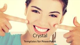  Presentation with teeth - Colorful slide deck enhanced with dental vision - portrait of woman showing her backdrop and a coral colored foreground