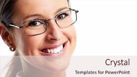  Presentation with young business woman smile show - Slide set featuring dental vision - smiling business woman isolated background and a lemonade colored foreground