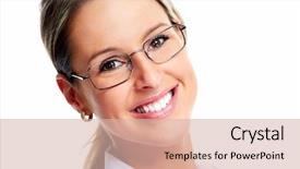  Presentation with business vision - PPT theme enhanced with dental vision - smiling business woman isolated background and a lemonade colored foreground