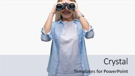  Presentation with binoculars at a lookout point - Presentation having dental vision - young caucasian woman holding binoculars background and a light blue colored foreground