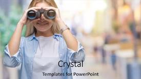  Presentation with teeth - Beautiful PPT layouts featuring dental vision - young caucasian woman holding binoculars backdrop and a  colored foreground