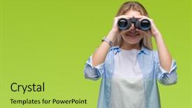  Presentation with teeth - PPT theme with dental vision - young caucasian woman holding binoculars background and a  colored foreground