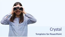  Presentation with confident young hispanic woman - PPT layouts enhanced with dental vision - young hispanic woman holding binoculars background and a  colored foreground