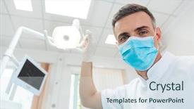 Presentation with dental office - Amazing slides having dentaloffice - male dentist doing procedure backdrop and a sky blue colored foreground