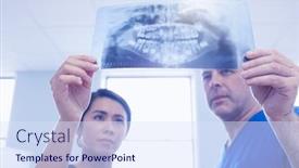  Presentation with dental assistant - Audience pleasing slide deck consisting of dentist and assistant examining x-ray together at the dental clinic backdrop and a sky blue colored foreground