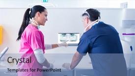  Presentation with dental assistant - PPT theme featuring dentist and assistant looking at x-ray together at the dental clinic background and a teal colored foreground