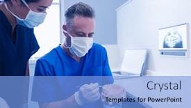  Presentation with dental assistant - PPT theme consisting of dentist-and-assistant-studying-model background and a light blue colored foreground