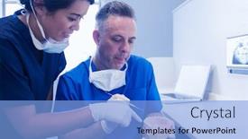  Presentation with dental assistant - PPT theme with dentist-and-assistant-studying-model background and a light blue colored foreground