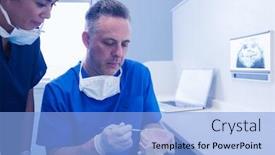  Presentation with dental assistant - Cool new presentation theme with dentist-and-assistant-studying-model backdrop and a light blue colored foreground