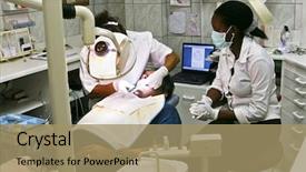  Presentation with african american patient - Theme featuring dentist and nurse examining one background and a coral colored foreground