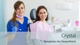  Presentation with patient centered - PPT theme consisting of dentist and patient in dentist background and a  colored foreground