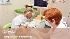  Presentation with dentist - Amazing PPT theme having anesthesia medical eye doctor - dentist at work in dental backdrop and a coral colored foreground